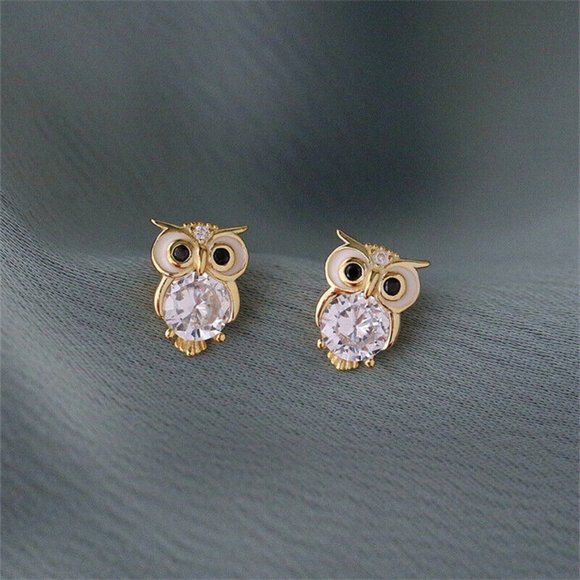 New 18k Gold Over Silver CZ Owl Studs - Picture 3 of 4